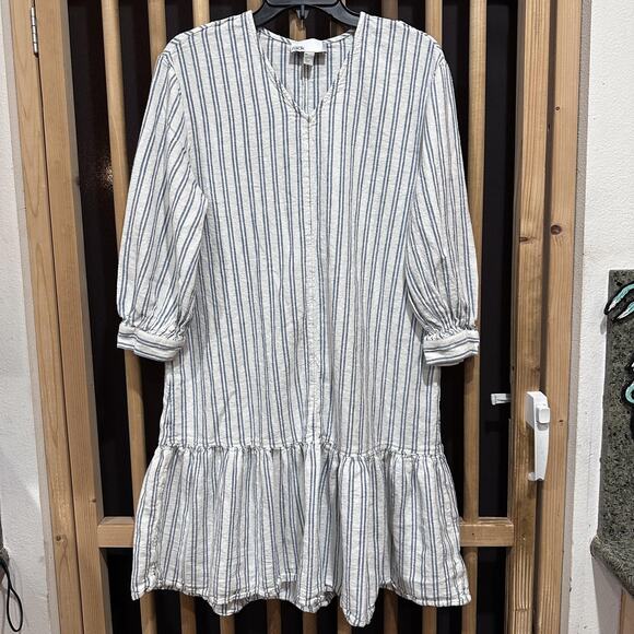 Nordstrom Midi Dress Womens Size M White Blue Striped Linen Blend Ruffle Hem - Picture 1 of 6
